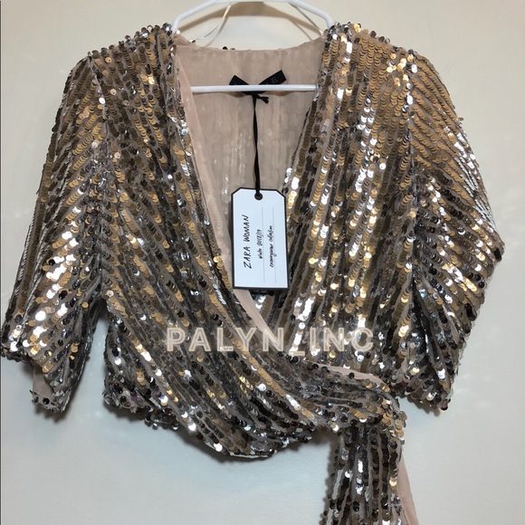 ❤️NWT ZARA SILVER SEQUIN WRAP BLOUSE TOP - Picture 8 of 8